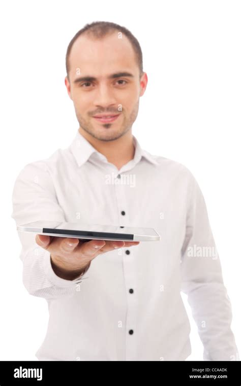Man Excited Holding Tablet Pc Isolated On White Background Cheerful