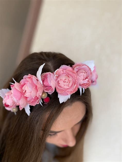 Pink Hair Wreath Rustic Wedding Crown Artificial Flower Etsy
