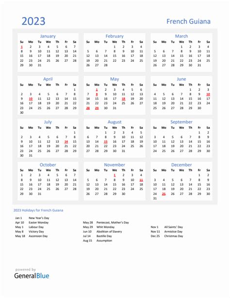 Basic Yearly Calendar With Holidays In French Guiana For 2023