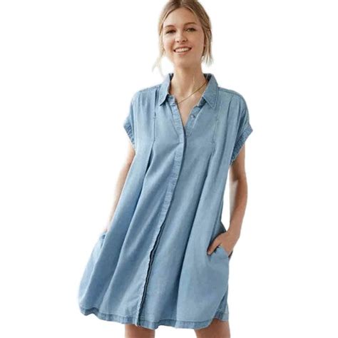 2017 Summer Women Shirt Light Blue Loose Casual Denim Shirt Short