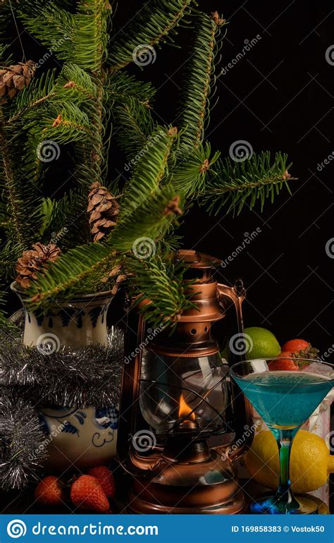 New Year`s Still Life. On A Dark Background, Branches Of A Fir Tree In ...