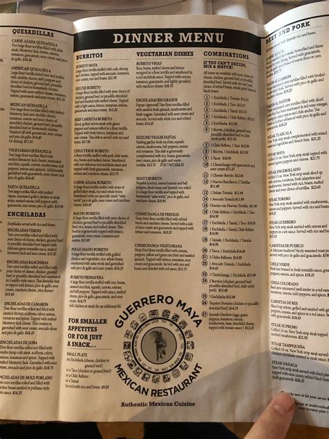 Menu at Guerrero Maya restaurant, South Portland