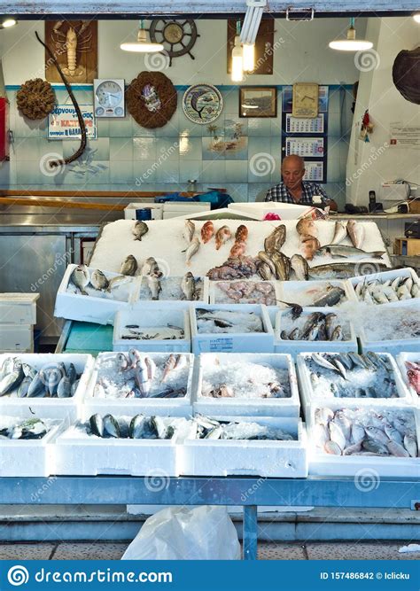Stall With Fresh Fish On Market In Harbor Editorial Photography Image