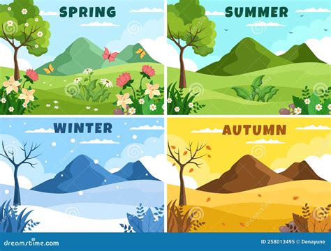 Scenery Of The Four Seasons Of Nature With Landscape Spring Summer