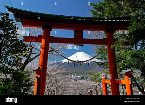 Snowy Mount Fuji View Through Torii Shinto Shrine Gate At Fuji Sengen