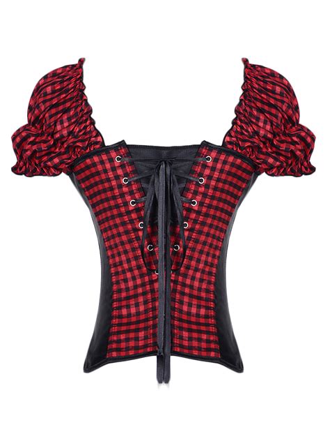 Puff Sleeves Plaid Corset Wholesale Lingeriesexy Lingeriechina Lingerie Supplier