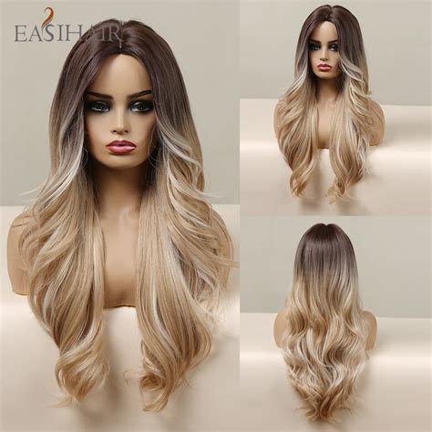 easihair long brown to blonde ombre wavy synthetic wigs for women middle part wigs blonde