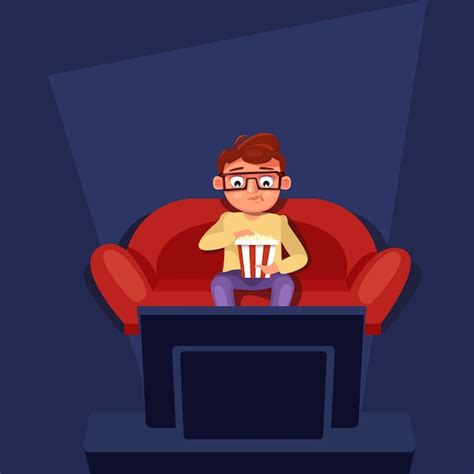 Homem sentado no sofá assistir tv comendo pipoca Vetor Premium