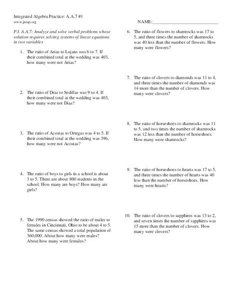 Integrated Algebra Practice Systems Of Linear Equation Word Problems