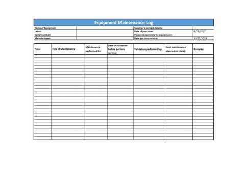 Printable Equipment Maintenance Log Template Excel Printable