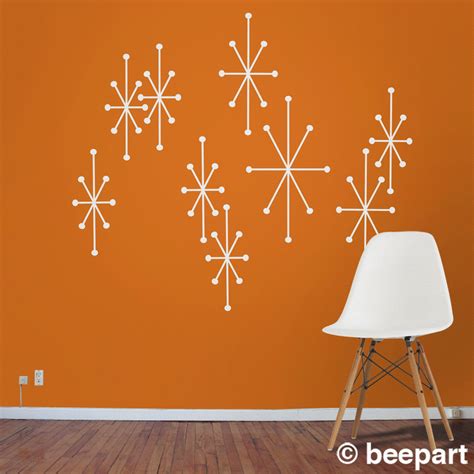 The wall decor features gold or metal with acrylic beads at the end. Atomic starbursts wall decals, mid century modern stars ...