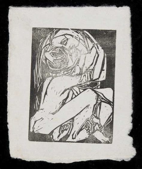linocut] print of two stylised figures one clasping the other to its breast‘ felicia browne