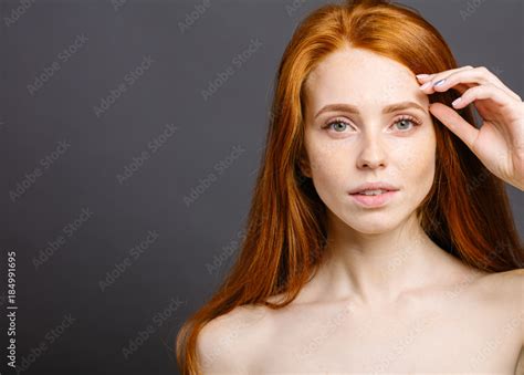 Portrait Of Happy Naked Redhead Woman With Cute Smile Ginger Hair And Perfect Healthy Freckled
