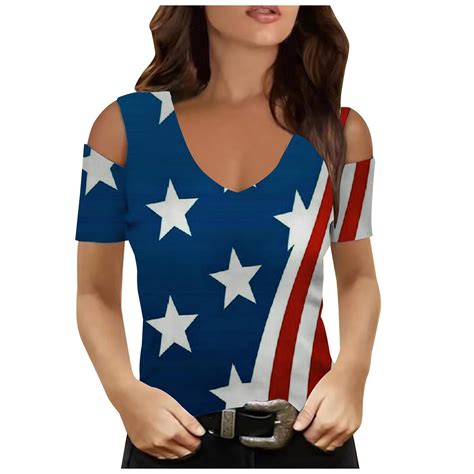 Brnmxoke American Flag Cold Shoulder Shirt Women 4th Of July T Shirt Plus Size Loose Trendy Star