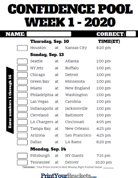 19 · the 2020 nfl weekly schedule shows matchups and scores for each game of the week. NFL Week 1 Confidence Pool Sheet 2020 - Printable