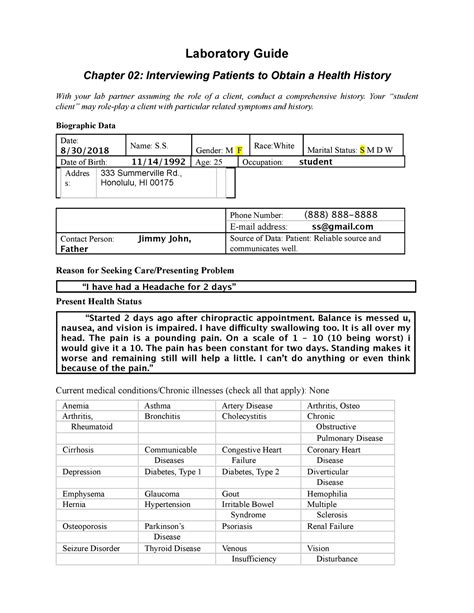 Health History Assessment Form Laboratory Guide Chapter 02