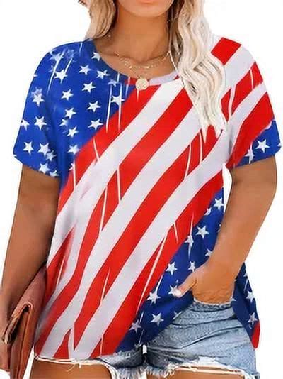 KOGYAS Plus Size American Flag Shirt Women Th Of July Tee Shirt USA Stars Stripes T Shirt