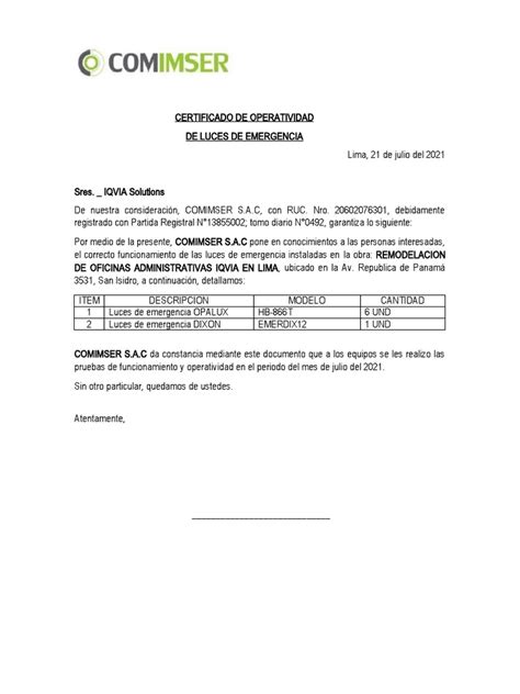 Certificado De Operatividad Luces De Emergencia Pdf