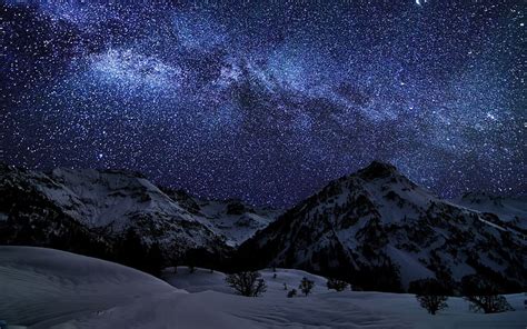 Hd Wallpaper Snow Covered Mountains Under Starry Sky Photography Of