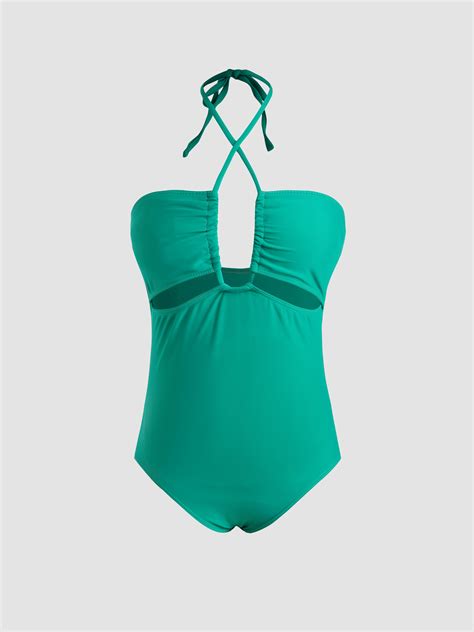 solid cut out halter one piece swimsuit cider