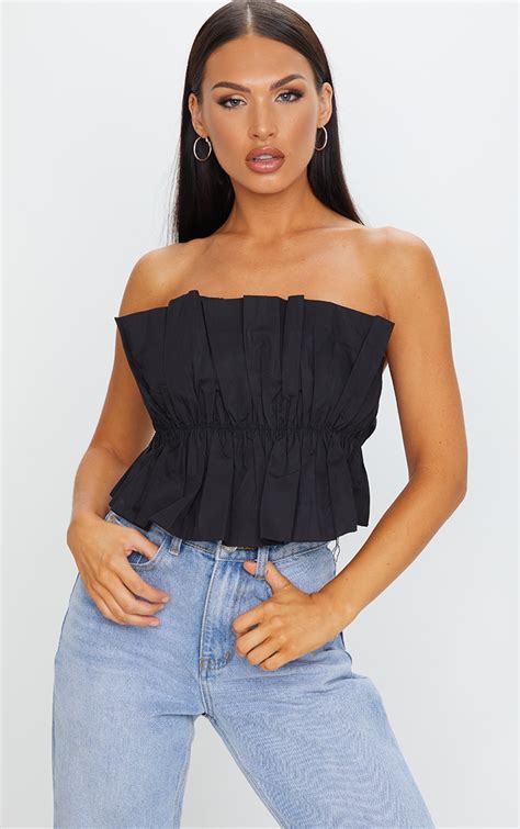 black cotton ruffle bandeau top tops prettylittlething