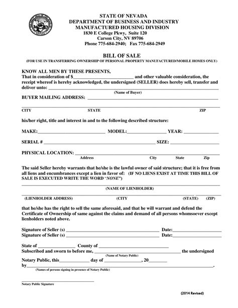 Nevada Bill Of Sale Manufacturedmobile Homes Fill Out Sign Online