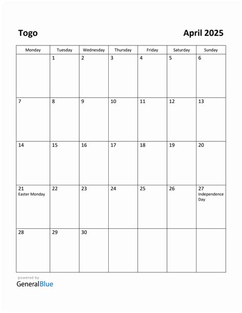 Free Printable April 2025 Calendar For Togo