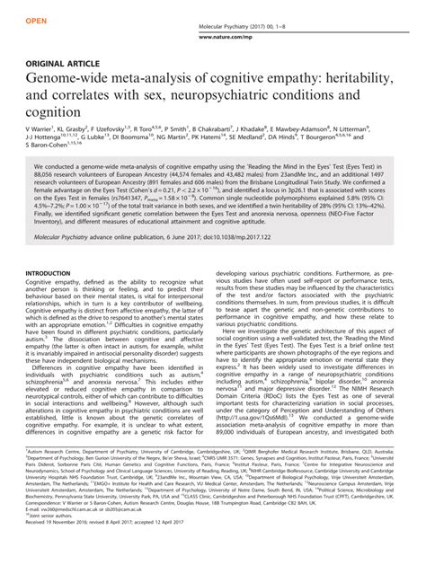 Pdf Genome Wide Meta Analysis Of Cognitive Empathy Heritability And