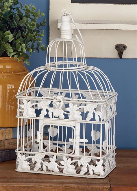 Decmode Distressed White Metallic Decorative Bird Cage With Metal Hook