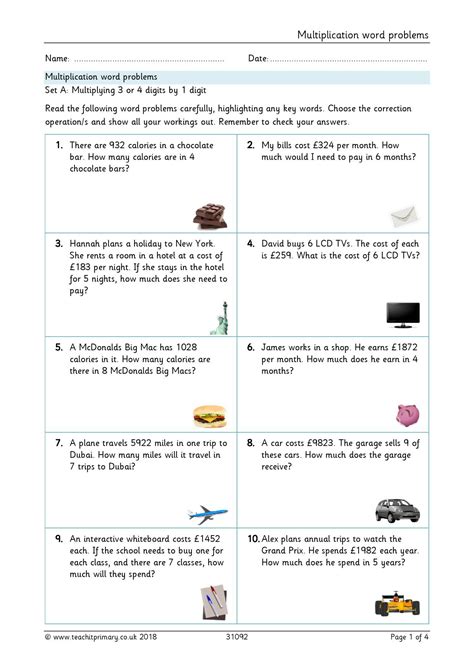 Multiplication Facts Word Problems Worksheets