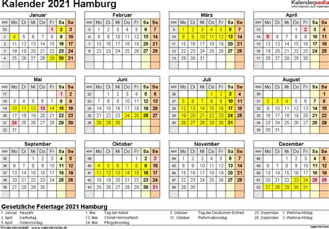 Übersicht der gesetzlichen feiertage 2021 in thüringen mit datum und wochentag der einzelnen feiertage 2021 thüringen. Kalender 2021 Hamburg: Ferien, Feiertage, Excel-Vorlagen ...