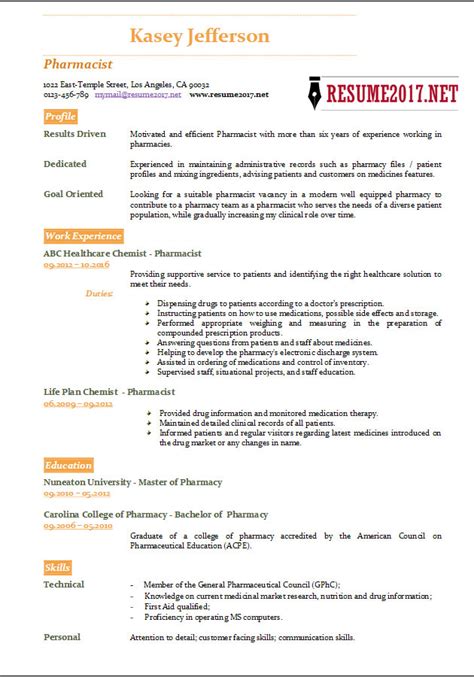 Pharmacist resume sample inspires you with ideas and examples of what do you put in the objective, skills, responsibilities and duties. Pharmacist Resume 2017 Templates