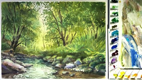 Watercolor Landscape Painting The Forest Stream 02 Youtube