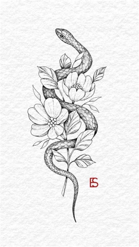 Fine Line Snake With Flowers Snake Tattoo Design Tattoos Snake And
