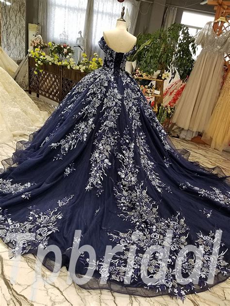Dark Blue Wedding Dress Ball Gown Short Sleeves Prom Dress