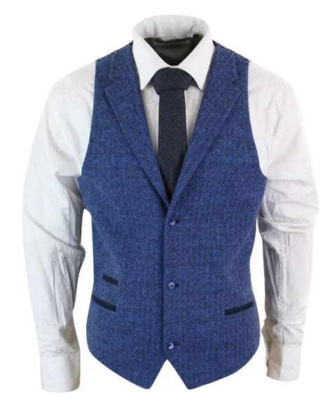 Truclothing Stz11 Mens Blue Waistcoat Tweed Herringbone Wool Peaky