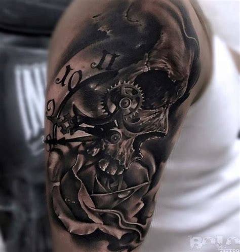 Skull With Rose And Clock Sleeve Tattoo Ideas Tattoos For Guys Rose