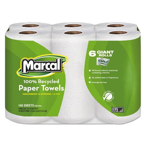 marcal 100 recycled roll towels 2 ply 5 1 2 x 11 140 roll 6 rolls pack mrc6181pk