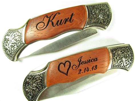 Engraved Heart Rosewood Handle Pocket Hunting Knife Personalized