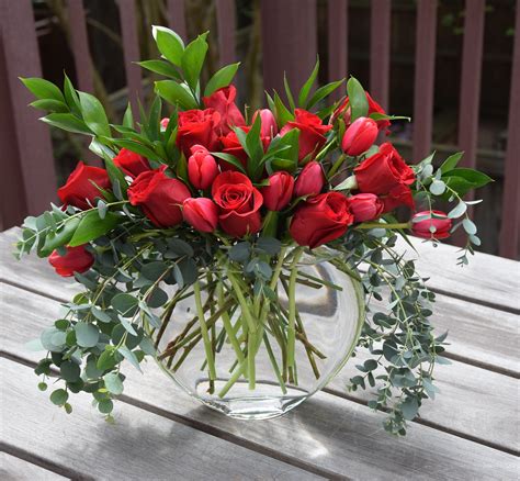 Modern Red Rose Arrangement With Eucalyptus And Tulips Flower