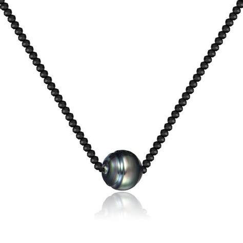 Single Tahitian Black Pearl Necklace With Black Spinel Beads