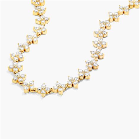 14k Yellow Gold Blossom Lab Created Diamond Tennis Necklace