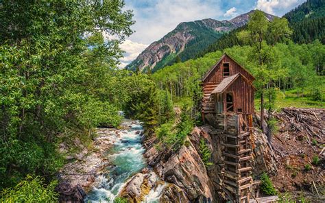 Wallpaper Colorado Water Mill River Forest Trees Mountains