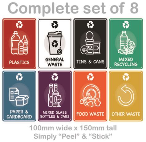 Mixed Set Of Recycling Bin Sign Sticker Labels Full Set Of 8 Self