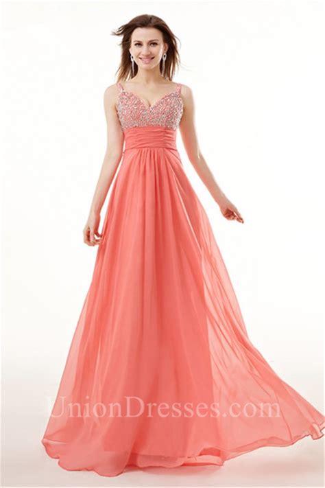 sexy sweetheart long coral chiffon beaded flowing prom dress with straps