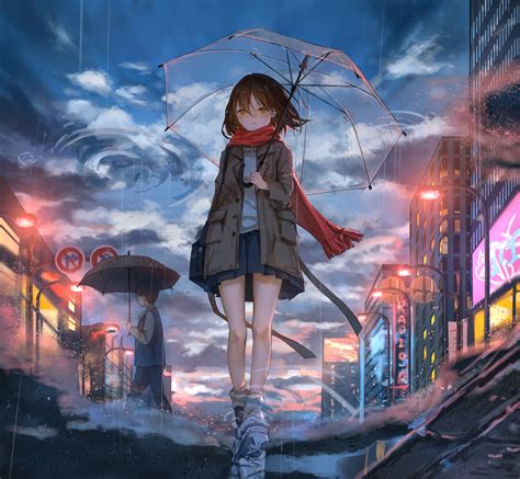 Wallpaper Anime Girls Rain Umbrella City Catzz