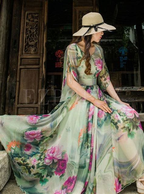 Dresses Maxi Dresses Boho Short Sleeve Floral Print Chiffon Maxi Dress Floral Print Chiffon