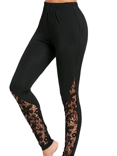 Wybzd Women Leggings Plus Size Stretch Floral Lace Splice Yoga Pants Tights Clubwear Black Xl