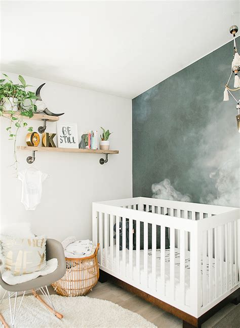 This boy's bedroom features elegant blue curtains and bed lighting, along with the hardwood this boy's bedroom boasts colorful walls with tiles design, along with carpet flooring and a pair of small girl's bedroom with cute wall designs and carpet flooring, together with a nice side table with a baby. Modern Smoke Mural Nursery for a Baby Boy - Inspired By This