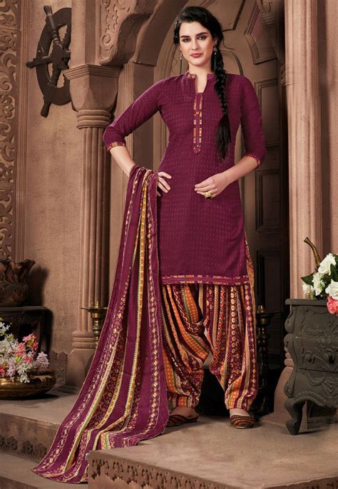 Printed Pashmina Silk Jacquard Punjabi Suit In Wine Utsav Fashion